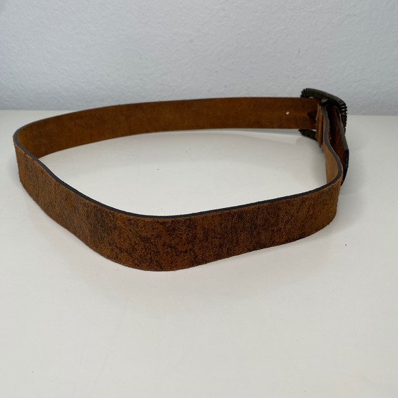 Artisanal Distressed Leather Belt Made in Italy Brown Ribbed Brass Buckle Size L - Picture 5 of 11